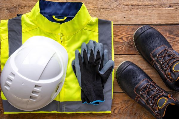 Un casque de chantier, des gants, une veste de sécurité fluo et une paire de chaussures de sécurité sont posés sur le sol.